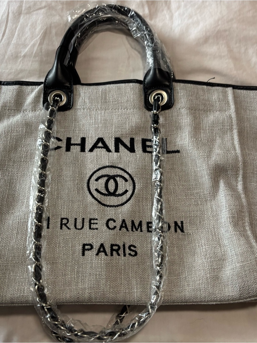 Fashion Beige and Black Canvas Logo Tote